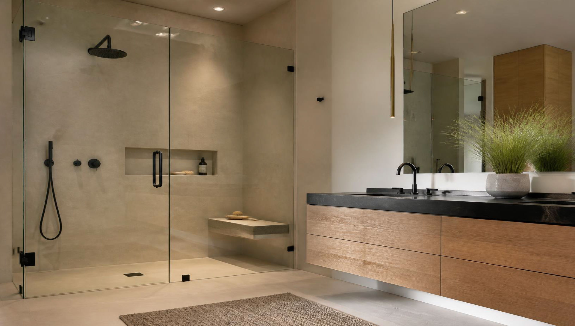 Luxury bathroom with a frameless shower door and black hardware